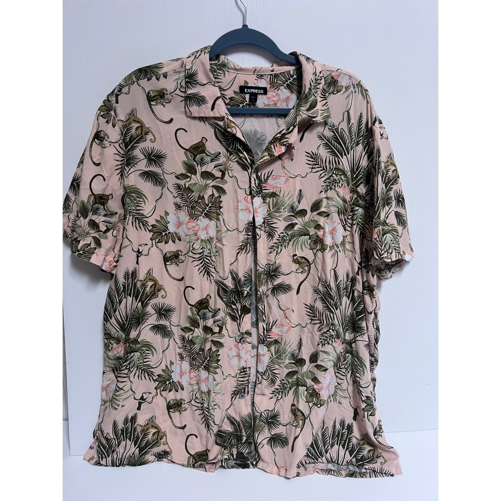 Express Mens XL Tropical Monkey Flamingo Print Short Sleeve Button Up Shirt Pink